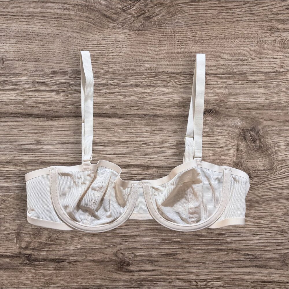 Cuup The Balconette Bra 34A Beige Underwire Sheer Mesh Minimalist Support